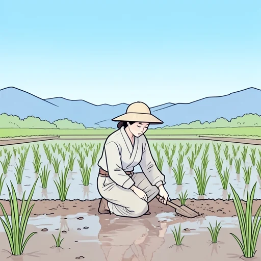 彼女は田んぼで稲を植え始めた - Bildwörterbuch