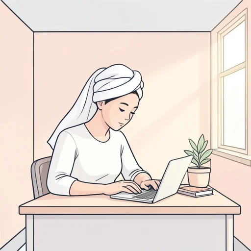 彼女はタオルを頭に巻いて仕事してる - Bildwörterbuch