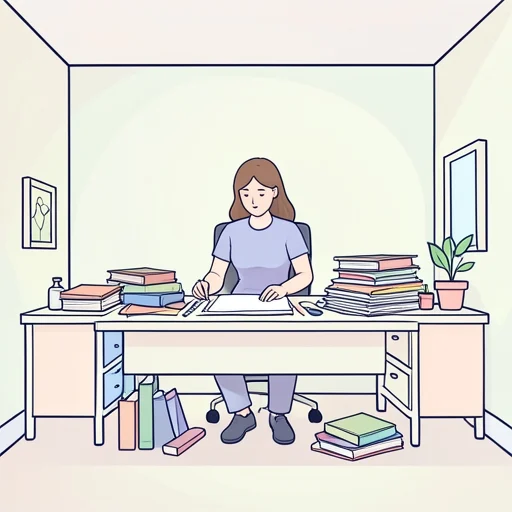彼女は机の上にたくさんの資料を並べて作業してる - Bildwörterbuch