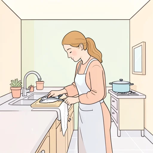 彼女は釣った魚を捌いて料理した - Bildwörterbuch