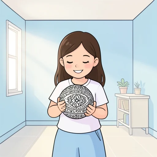彼女は受け取った玉を見て、にっこりした - Bildwörterbuch