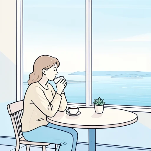 彼女は湾沿いのカフェで海を見ながらゆっくりとコーヒーを飲んだ - Bildwörterbuch