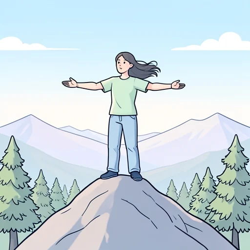 彼女は山の頂上で手を広げて大自然を感じた - Bildwörterbuch