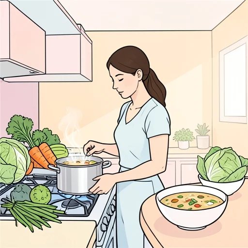 彼女は野菜を煮て健康的なスープを作った - Bildwörterbuch