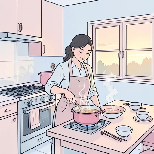 彼女は夕飯に温かいスープを作った - Bildwörterbuch