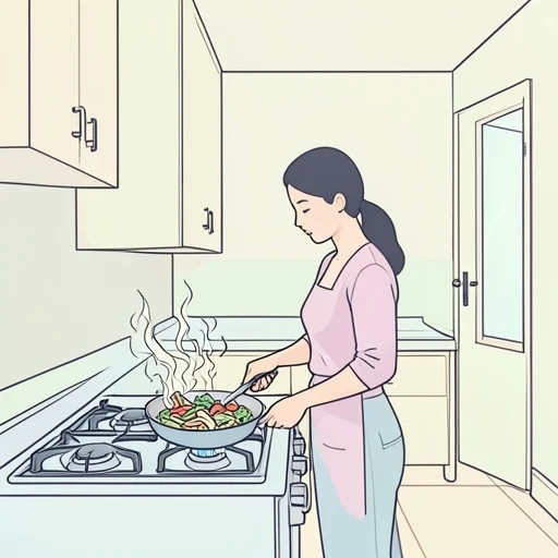 彼女、野菜を炒める音がキッチンから聞こえてきた - Bildwörterbuch