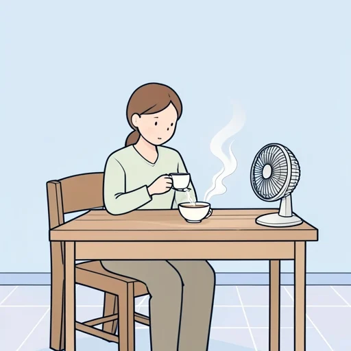 彼、熱いお茶を冷まして飲んだ - Bildwörterbuch