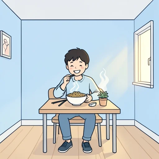 彼が新しい料理を試す姿はいつも楽しそうだ - Bildwörterbuch