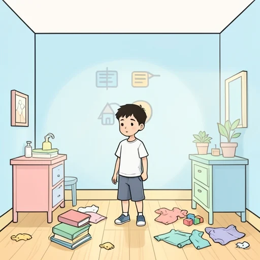 彼、部屋の物を全て床に散らかした - Bildwörterbuch