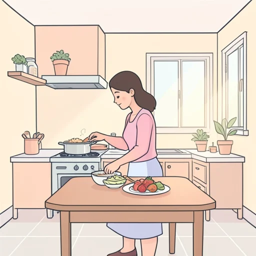 彼女は料理の質をさらに高めた - Bildwörterbuch