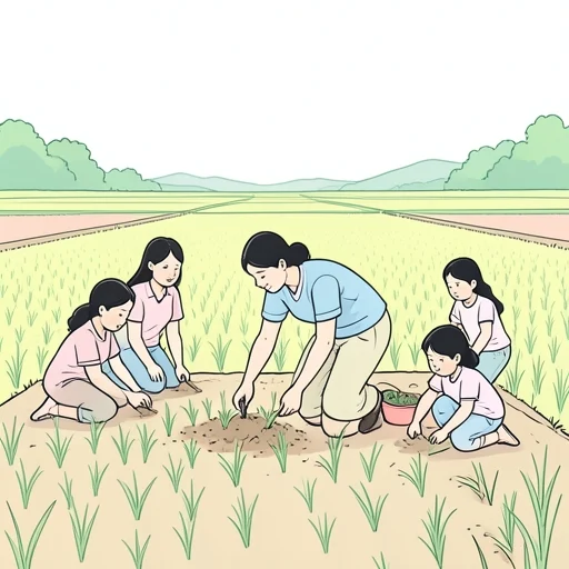 彼女は田んぼで家族と働いた - Bildwörterbuch