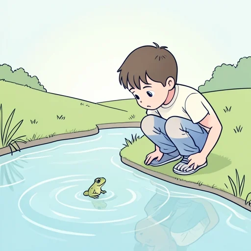 彼、川に小さな生き物を見つけた - Bildwörterbuch