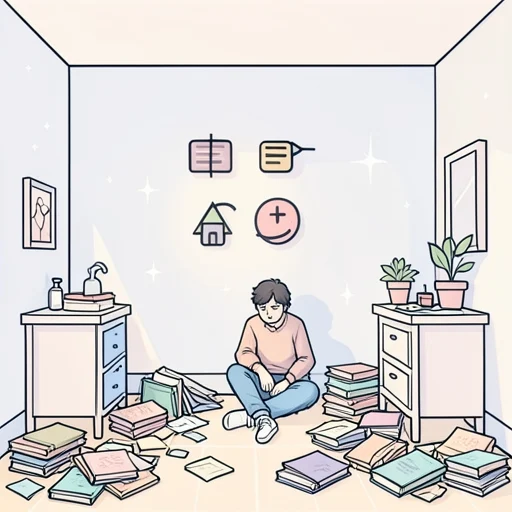 彼の部屋は本と資料で混乱して足の踏み場もなかった - Bildwörterbuch