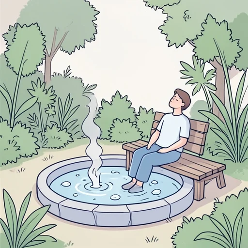 彼、温泉が湧く音を聞きながら旅行の疲れを癒した - Bildwörterbuch