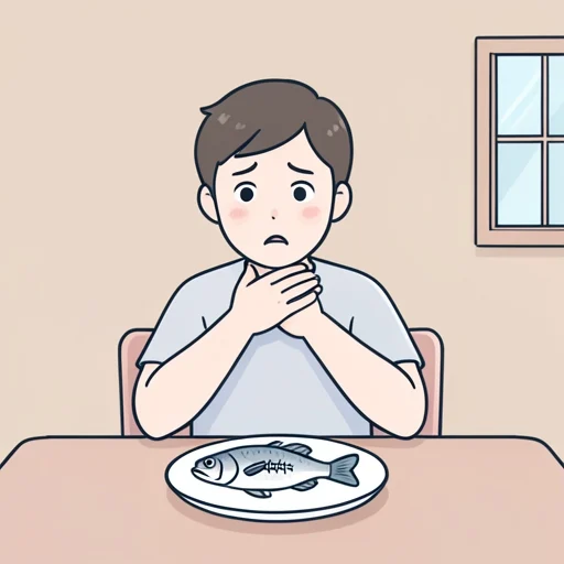 彼、魚の骨が喉に刺さった - Bildwörterbuch