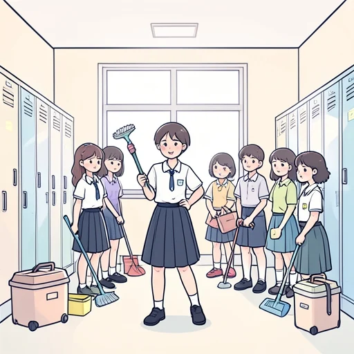 彼、清掃班のリーダーになった - Bildwörterbuch