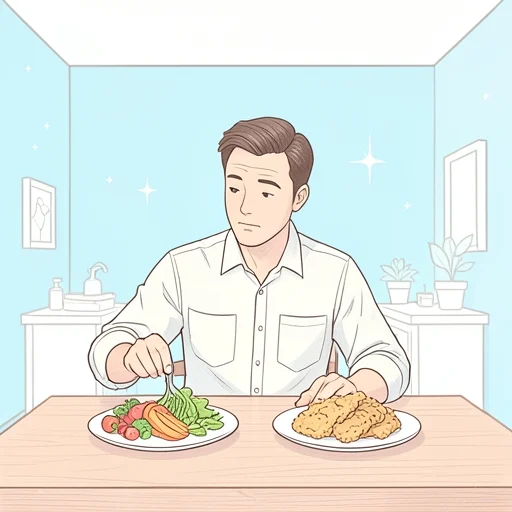 彼、脂肪分の多い食事を控えてる - Bildwörterbuch