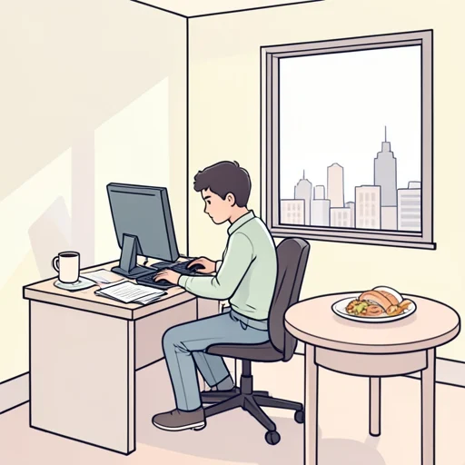 彼、仕事に熱中するあまり食事も忘れてしまう - Bildwörterbuch