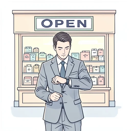 彼は営業の開始時間を確認した - Bildwörterbuch
