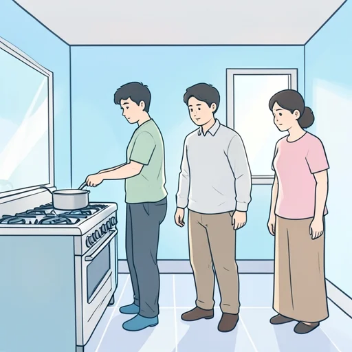 彼は火の元を離れるときは用心してる - Bildwörterbuch