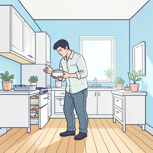 彼は中身が何か容器を探してる - Bildwörterbuch