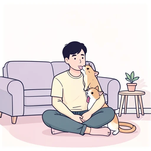 彼は猫に舌で顔をなめられた - Bildwörterbuch
