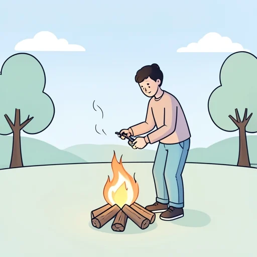 彼はライターで火をつけてキャンプファイヤーを始めた - Bildwörterbuch