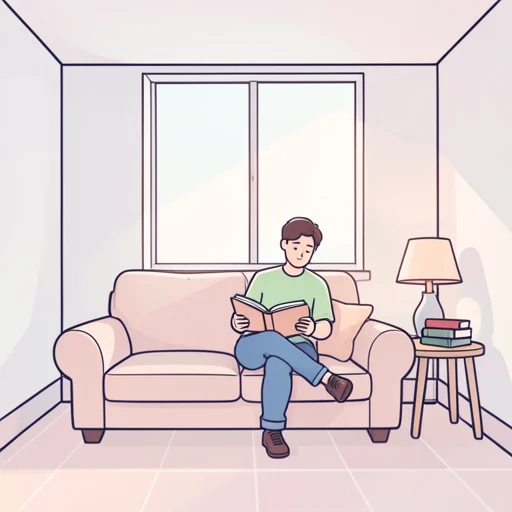 彼はソファーに座って本を読んでる - Bildwörterbuch