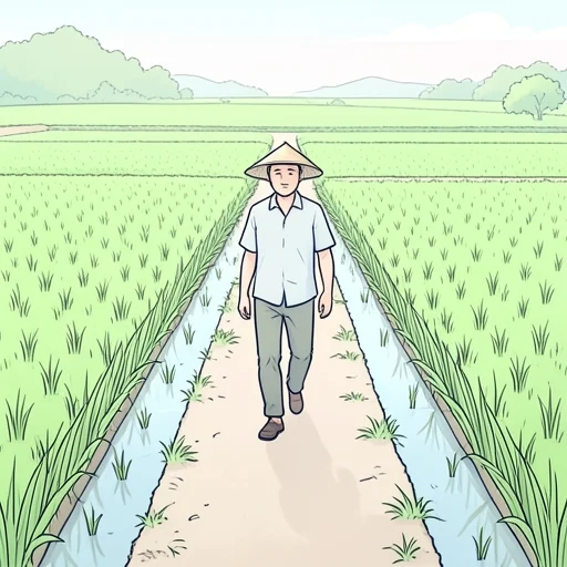 彼は田んぼのあぜ道をゆっくりと歩いていた - Bildwörterbuch