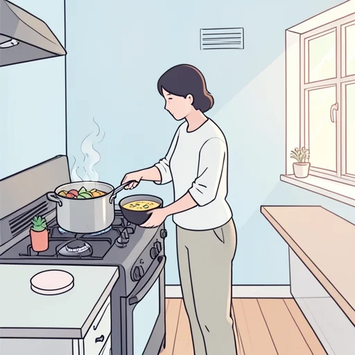 彼は野菜を煮てスープを作った - Bildwörterbuch
