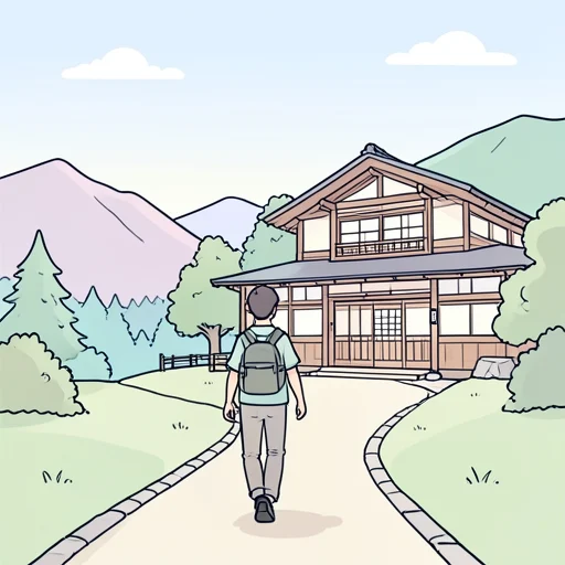 彼、山を下りて温泉旅館に着いた - Bildwörterbuch