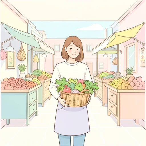 今朝、地元のマーケットで新鮮な野菜を買った - Bildwörterbuch