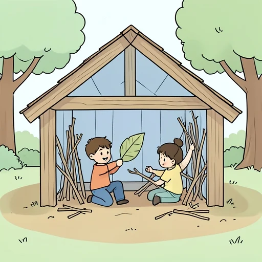 子供たちが小屋の中で秘密基地を作ってる - Bildwörterbuch