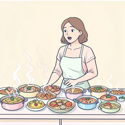 こんなに大量の料理を一人で作ったって信じられない - Bildwörterbuch