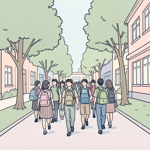 この道は通学路だから、毎朝たくさんの学生が通る - Bildwörterbuch