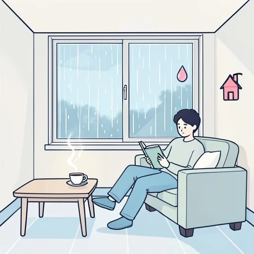 今日は雨ですから家にいます。 - พจนานุกรมภาพ