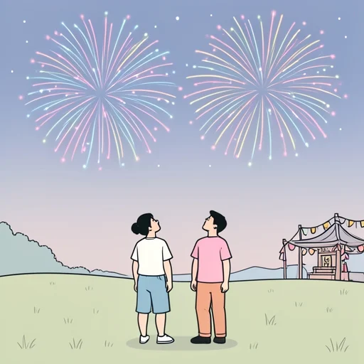 祭の夜、花火が夜空を彩った - Bildwörterbuch
