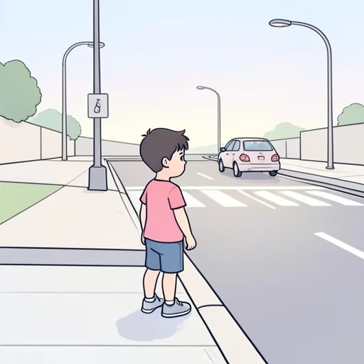 道を横切るときは車に注意して - Bildwörterbuch