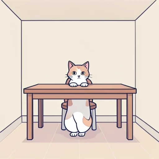 猫は机の下にいます。 - 그림 사전