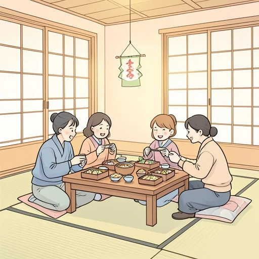 年末になると日本人は大晦日におせち料理を食べるという古い習慣を今だに越せない - Bildwörterbuch
