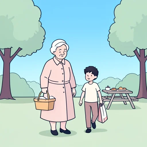 おばあちゃん、今日は一緒にピクニックに行こうよ - Bildwörterbuch