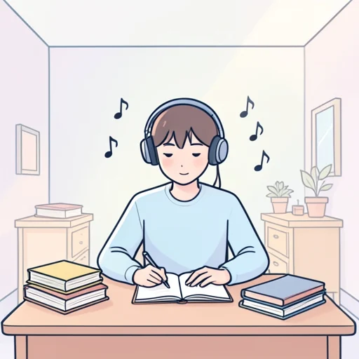 音楽を聞きながら宿題をしました - 그림 사전