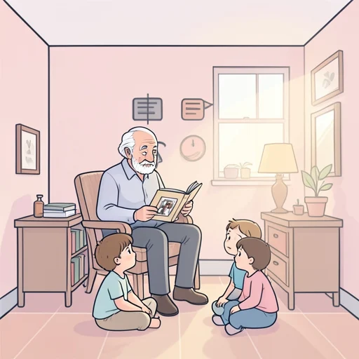 祖父の戦争の物語を子供たちに話した - Bildwörterbuch
