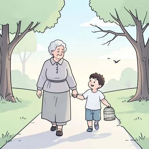 おばあさんが公園で孫と散歩しています。 - Bildwörterbuch