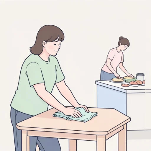 テーブル拭いてから料理を並べて - Bildwörterbuch