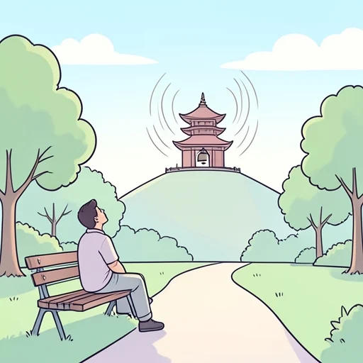 遠くの寺が鐘を鳴らしているのが聞こえる - Bildwörterbuch