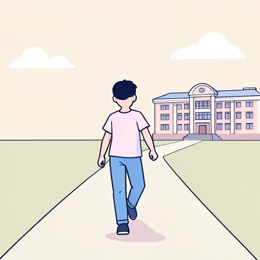 私は歩いて学校に行きます。 - Kamus bergambar