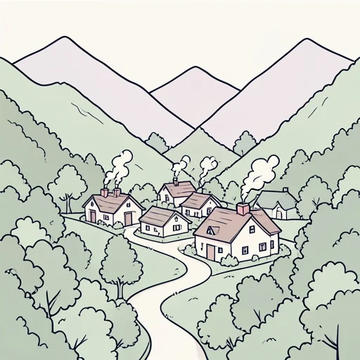 山の谷に小さな村がある - Bildwörterbuch