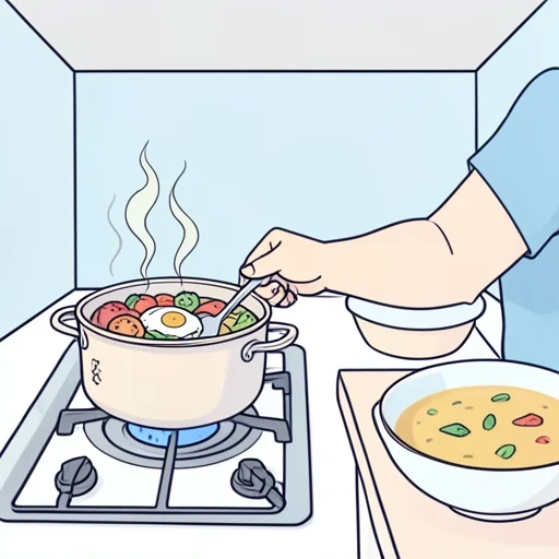 野菜を柔らかく煮てスープにしました - Bildwörterbuch