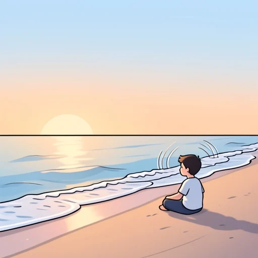 夕暮れの海は優しい波の音を立てていた - Bildwörterbuch